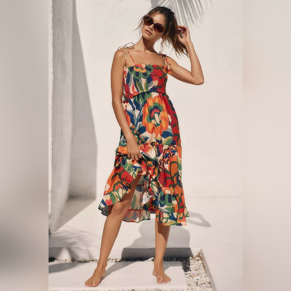 NWT Anthropologie Farm Rio Smocked Printed Cover Up Dress Sz Small